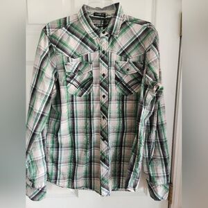 Carbon ButtonUp Shirt Mens M Long Sleeve Green Plaid Pearl Button Pocket Western